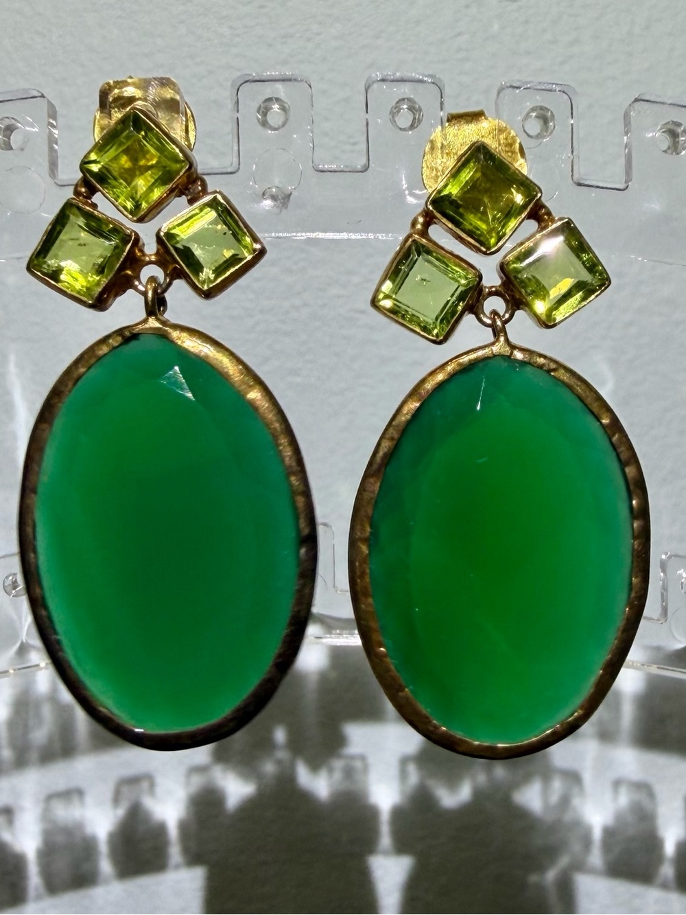 NWOT Vibrant Green Gemstone Drop Pierced Earrings with Lime Crystal Accents